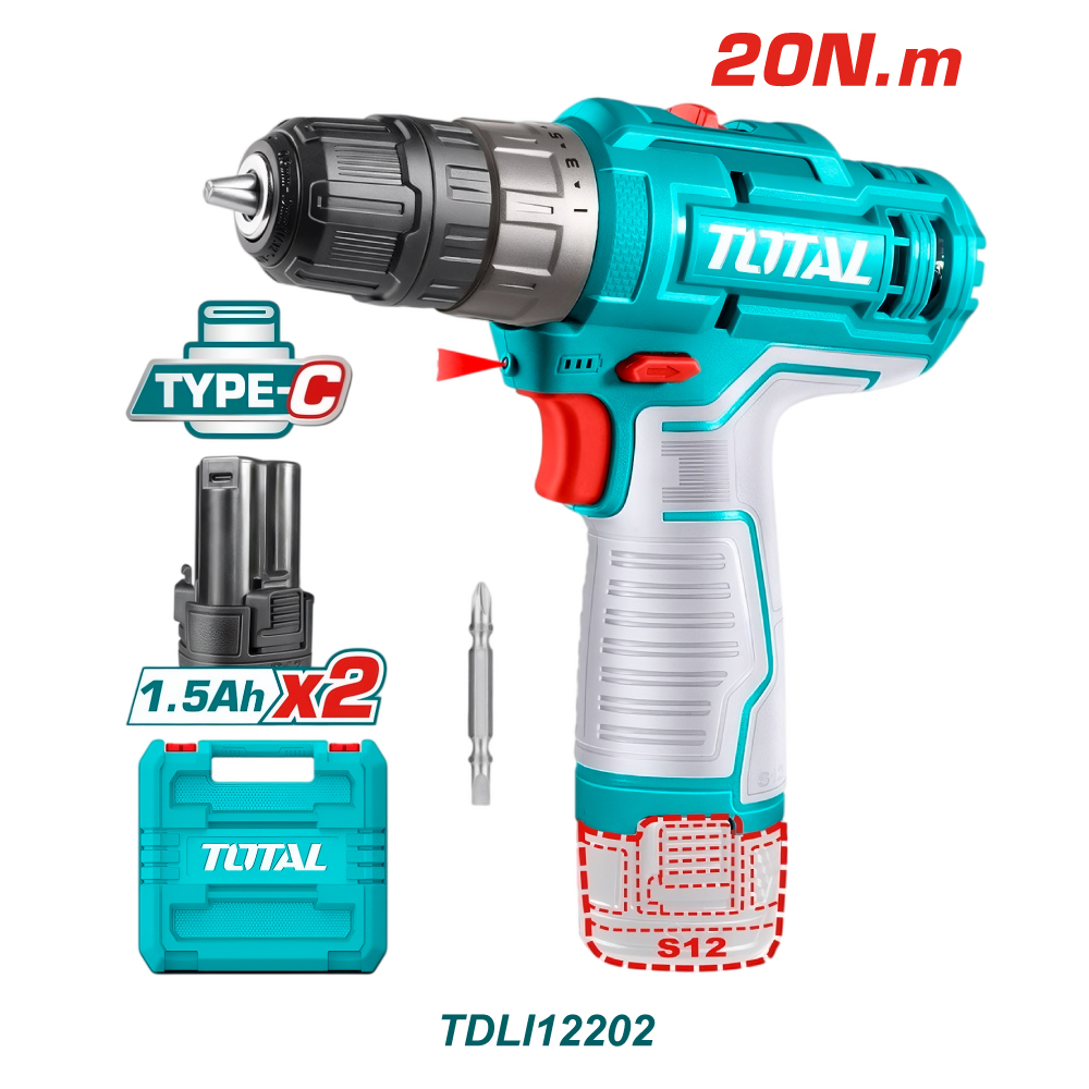TOTAL TALADRO INALAMBRICO PERCUTOR 3/8 12V 2BAT 20NM