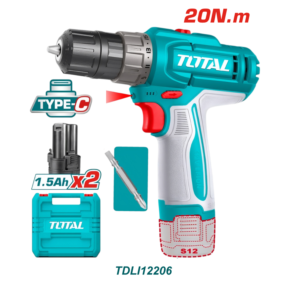TOTAL TALADRO INALAMBRICO PERCUTOR 3/8 12V 2BAT 20NM