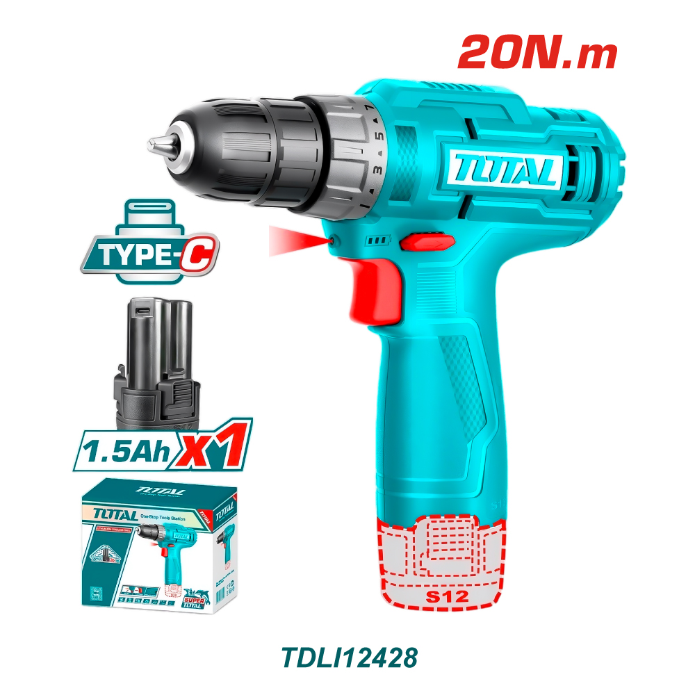 TOTAL TALADRO INALAMBRICO 3/8 12V 1BAT 20NM