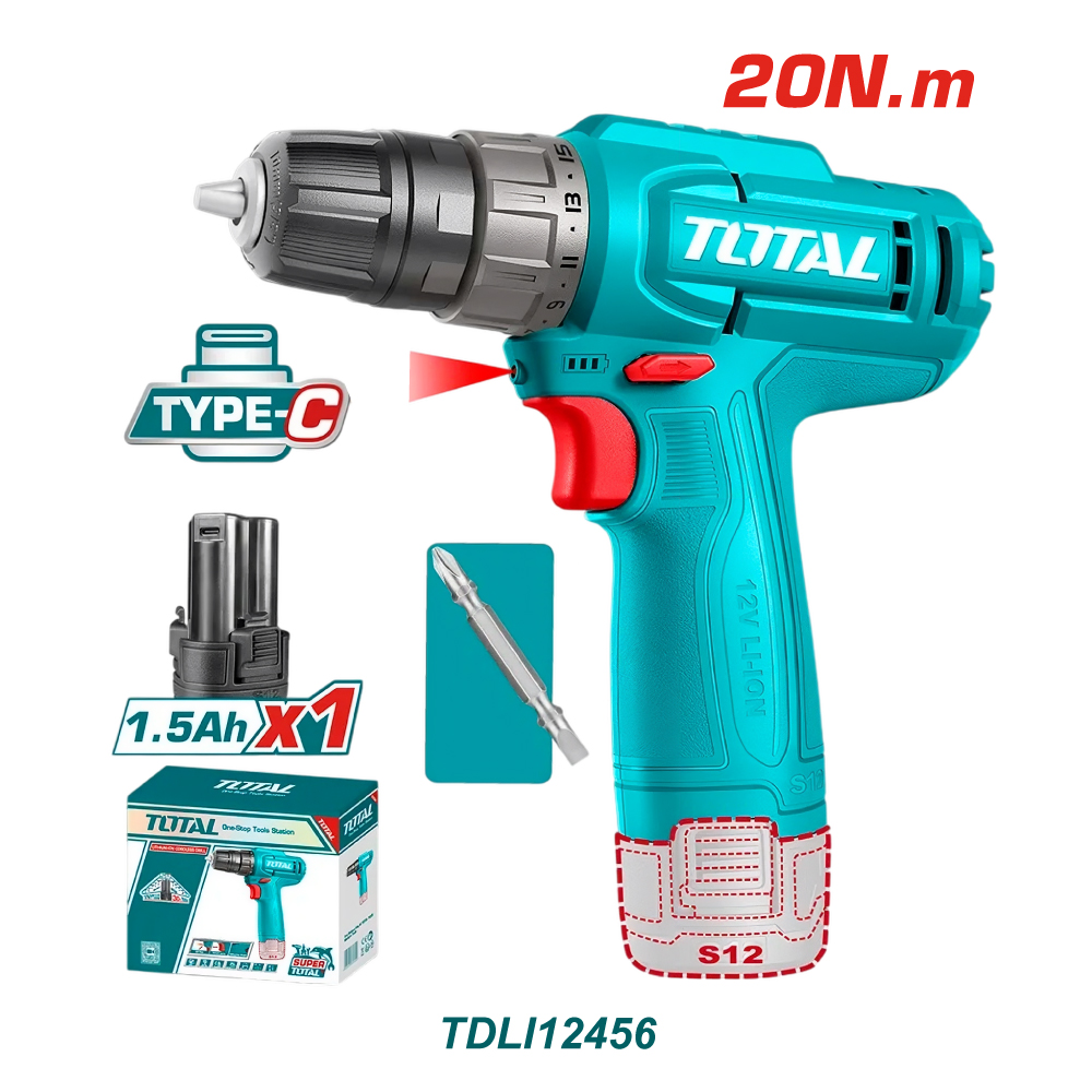 TOTAL TALADRO INALAMBRICO 3/8 12V 1BAT 20NM