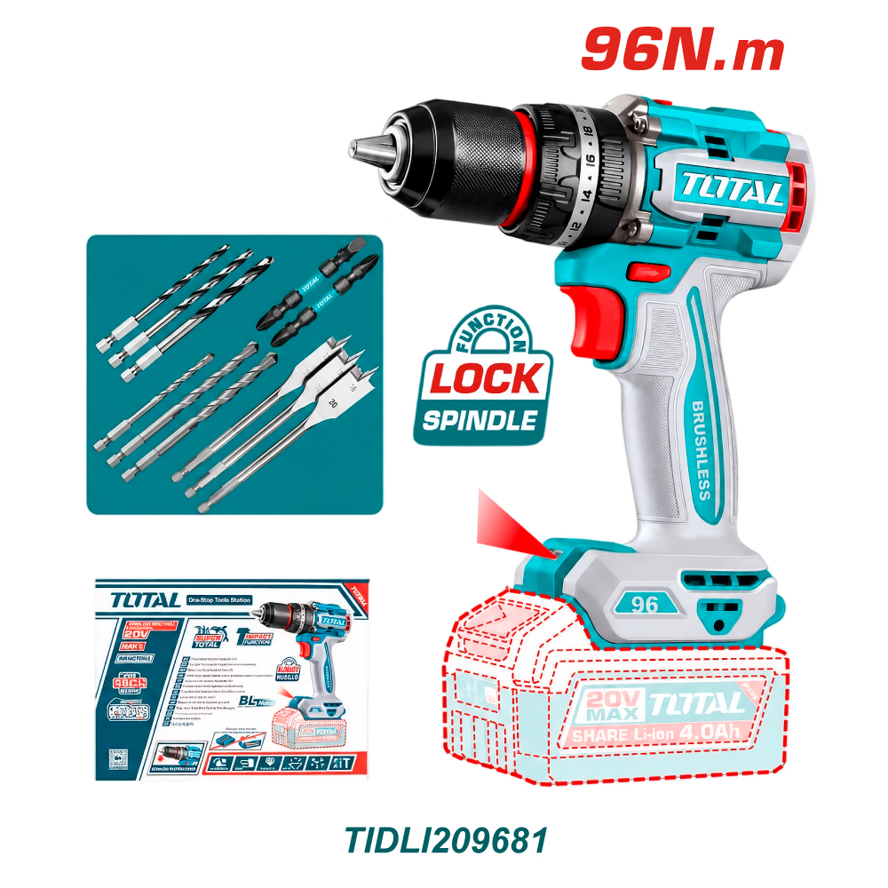 TOTAL TALADRO INALAMBRICO 1/2 20V 96NM SIN BATERIA