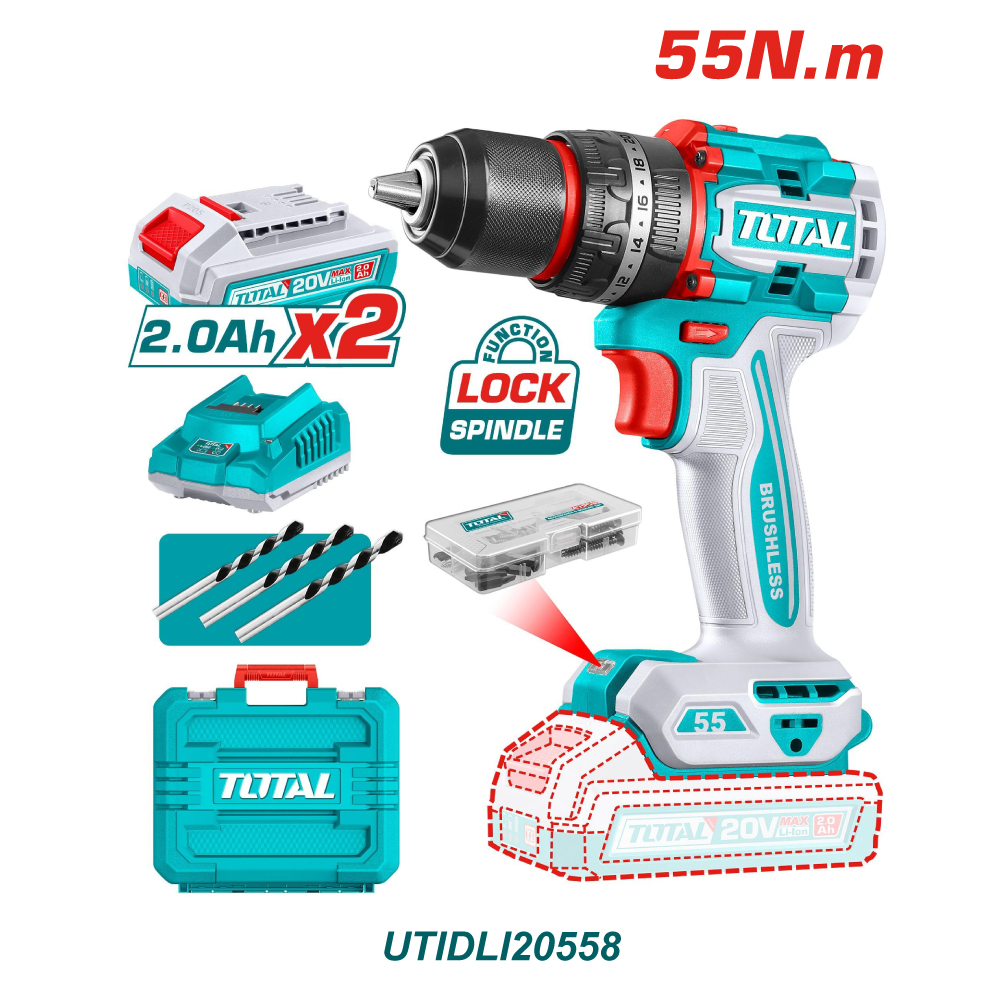 TOTAL TALADRO INALAMBRICO PERCUTOR 1/2 20V 2BAT 55NM