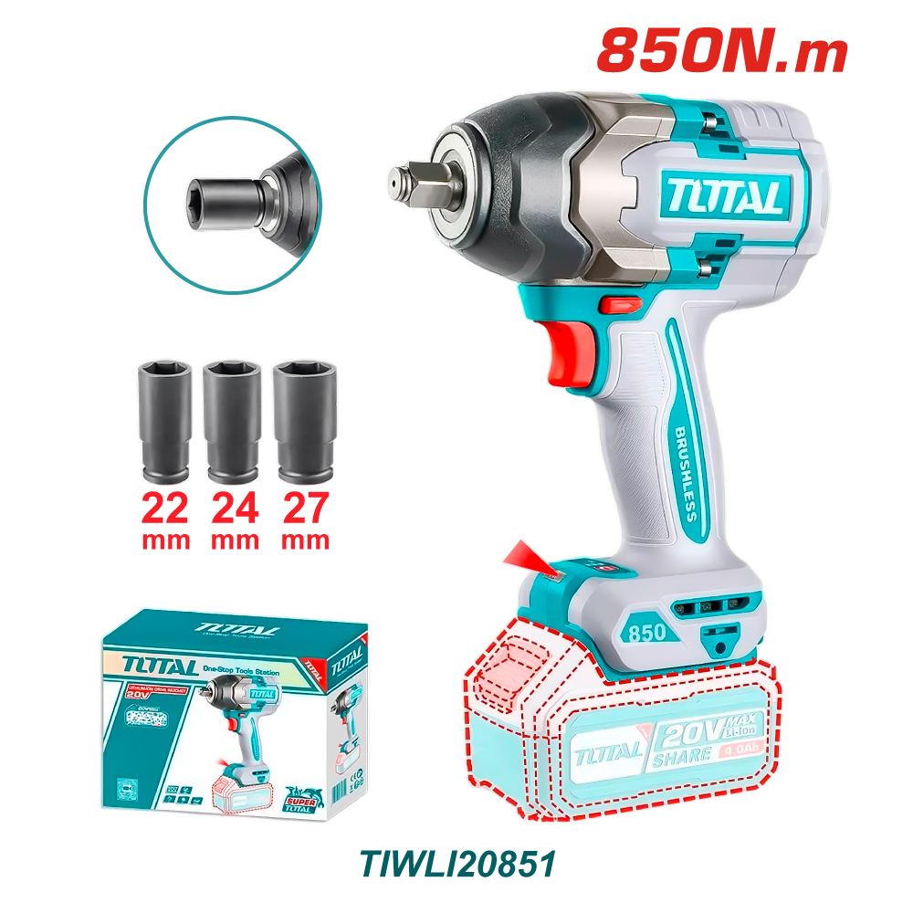 TOTAL PISTOLA IMPACTO INALÁMBRICA 20V 1/2 850NM TIWLI20851