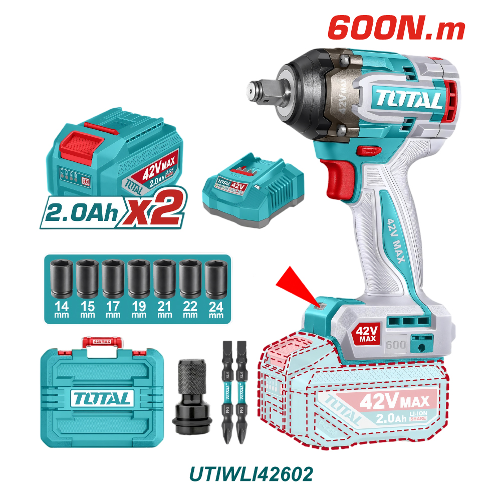 TOTAL PISTOLA IMPACTO INALÁMBRICA 42V 1/2 600NM UTIWLI42602